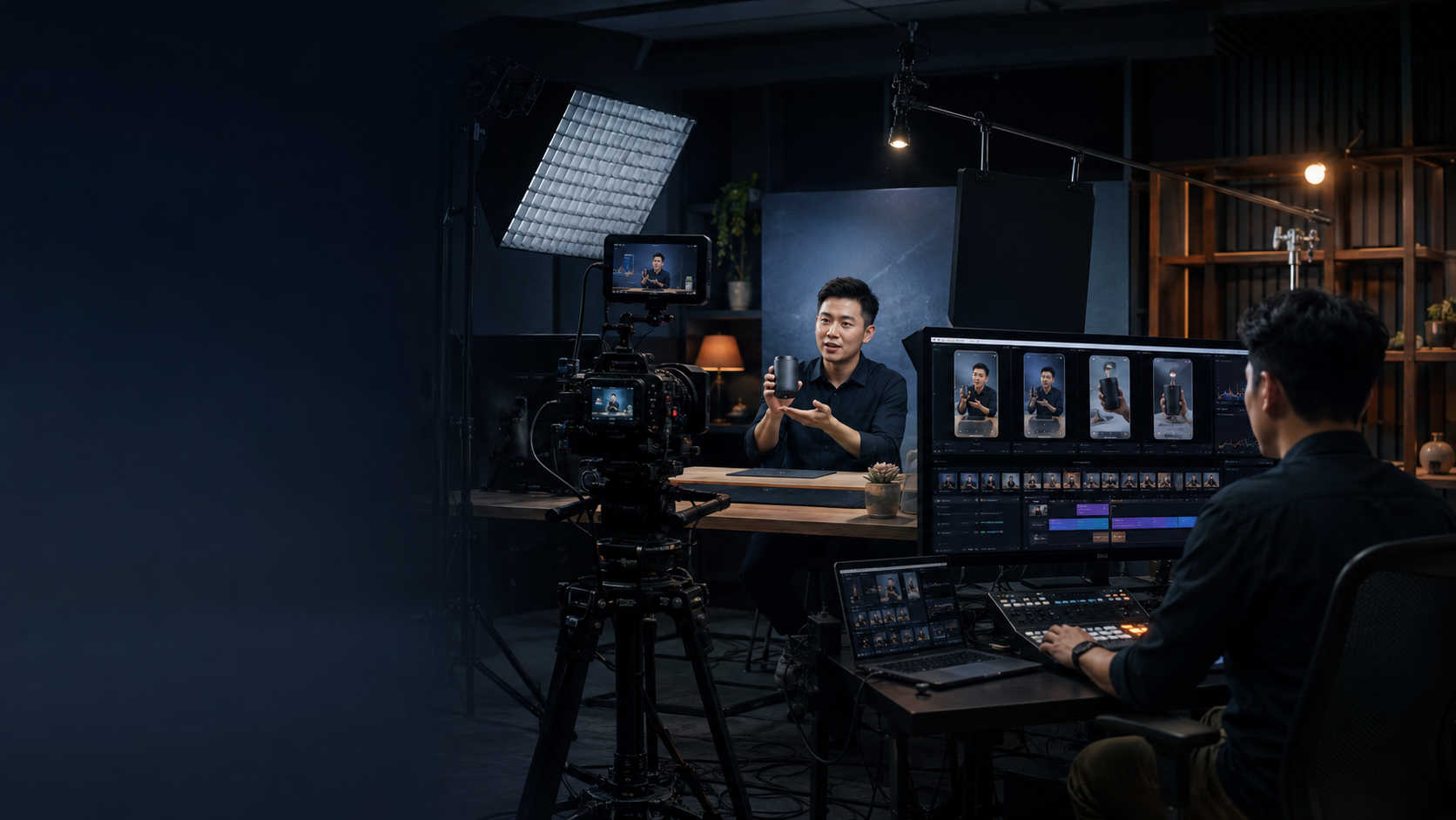 Live commerce studio with presenter, camera, production team, and vertical video screens